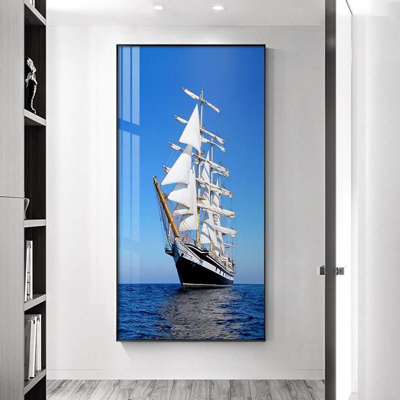 一帆风顺玄关过道装饰画办公室入户进门现代简约走廊竖版帆船挂画