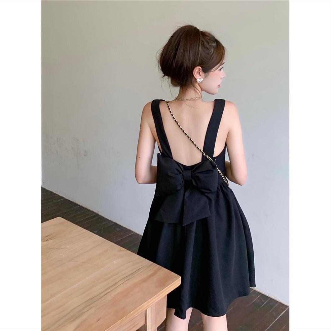 Little Bow Suspender Dress Women's Summer 2021 New Short Skirt Black Backless Doll Skirt