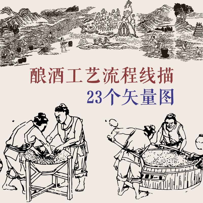 古代传统酿酒工艺流程白酒酿造线描线稿eps矢量平面设计素材png图