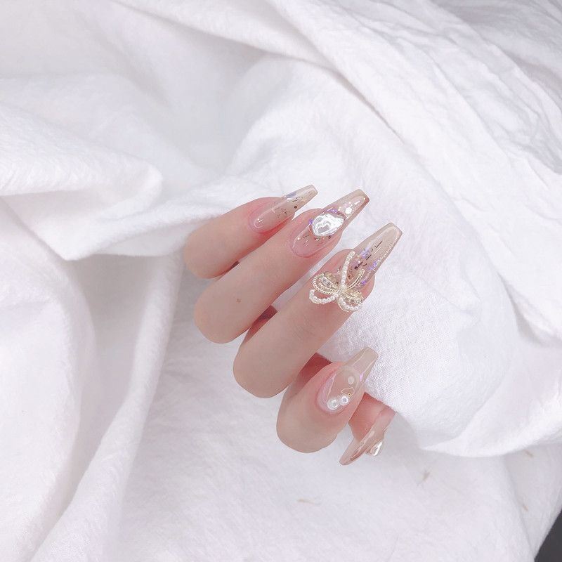 Manci Baroque Manicure Wearable Nail Milk Tea Nude Color Finished Nail Pieces Shell Pieces Bow Gold Foil Handmade Customization