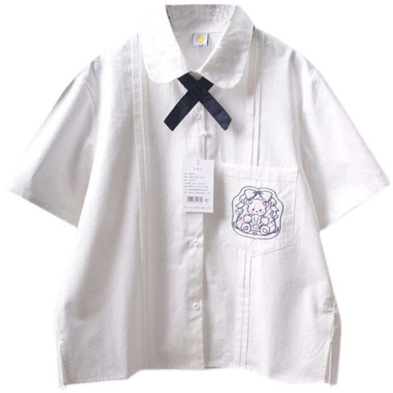 JK uniform original genuine college wind bear embroidery pocket doll collar short-sleeved female student shirt top female