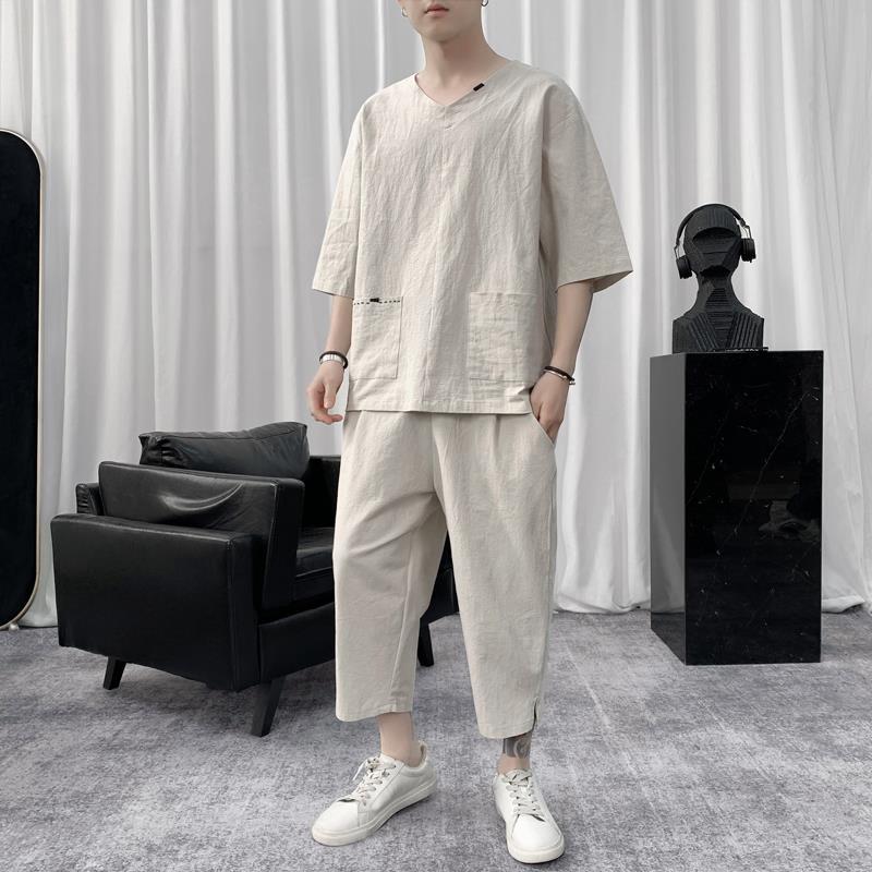 亚麻短袖t恤男中国风宽松休闲套装夏季薄款青年潮流百搭半袖体恤