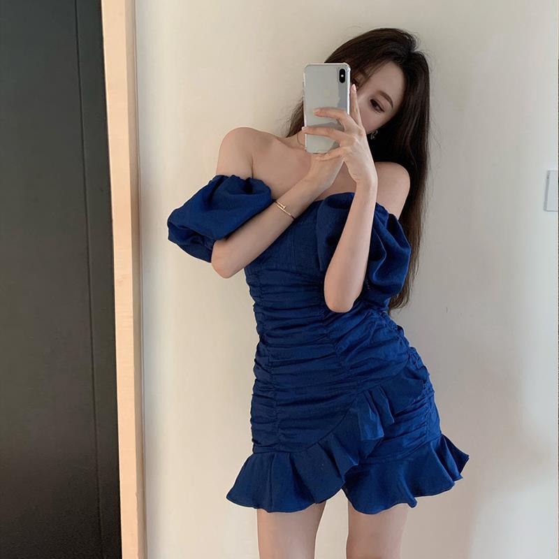 一字肩連衣裙法式氣質小裙子女夏季純欲風性感修身顯瘦包臀短裙潮