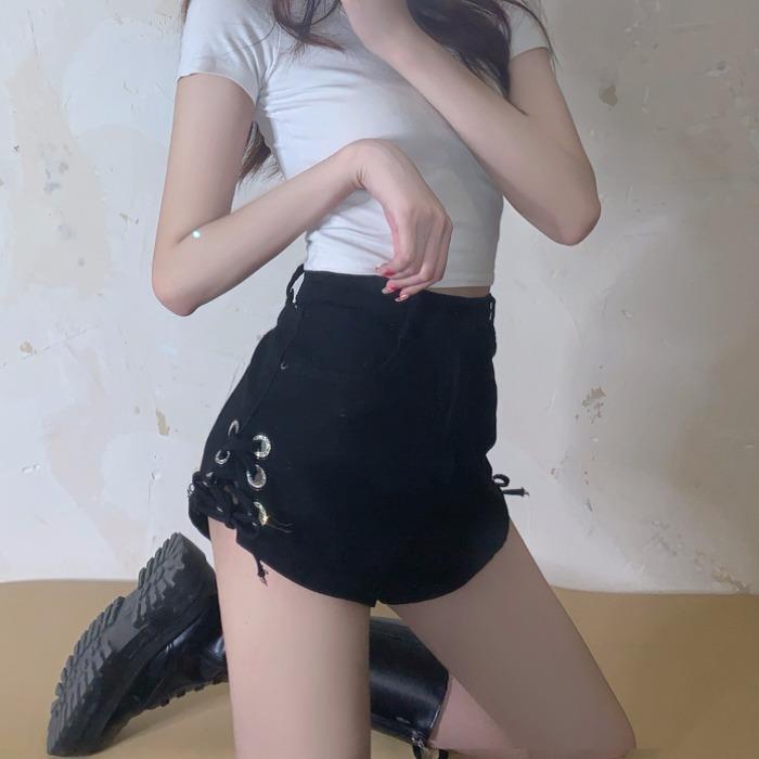Fried Street High Waist Denim Shorts Women's Summer Korean Style Design Strap Slim Slim Slim Butt Lift Hot Girl Wide Leg Hot Pants Trendy