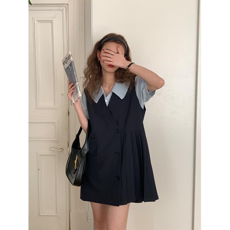 【兩件套裝】夏日西裝小清新甜美寬鬆不規則下擺百褶裙子短袖襯衫