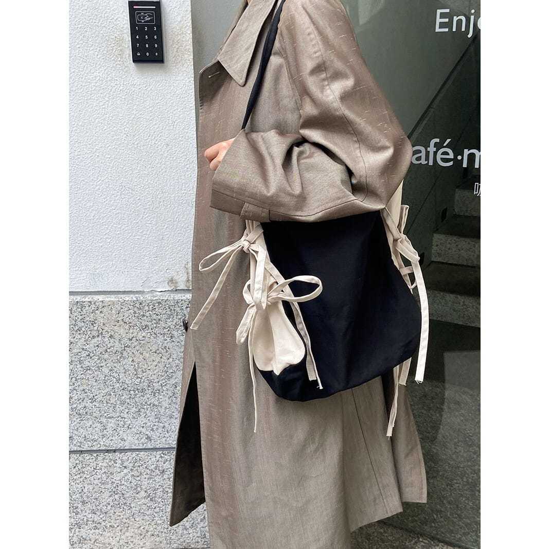 胖妹自製新款蝴蝶結大容量購物托特包單肩包袋韓純色森系手帆布包