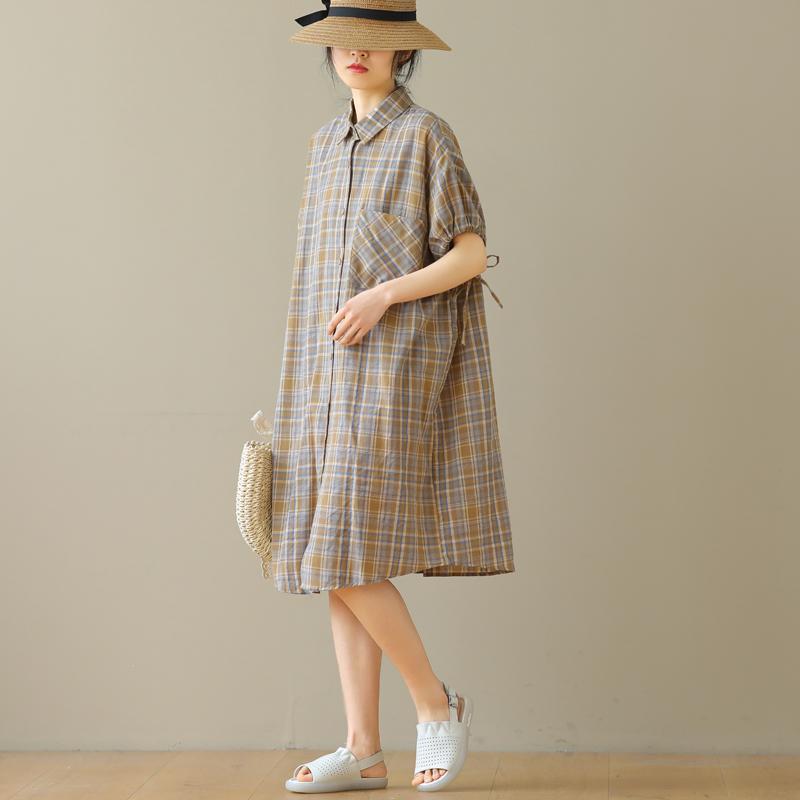 大碼女裝連衣裙女夏裙子女2023新款寬鬆格子襯衫上衣女短袖女洋氣