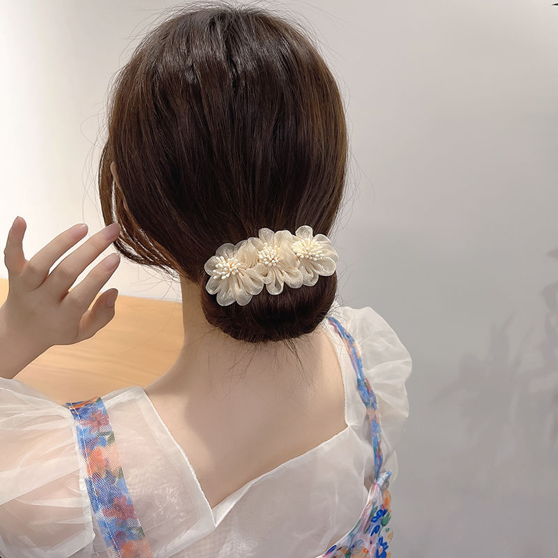 韩版优雅网纱花朵盘发器女网红丸子头发饰懒人盘发神器后脑勺