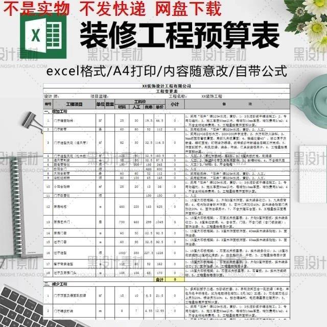 新版装修工程预算表 装饰设计公司工程变更表 报价表 excel表格模