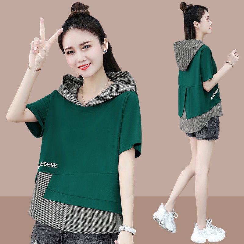 2023 summer new Korean style half-sleeved art casual plaid splicing fake loose two-piece hooded sweater T-shirt tide