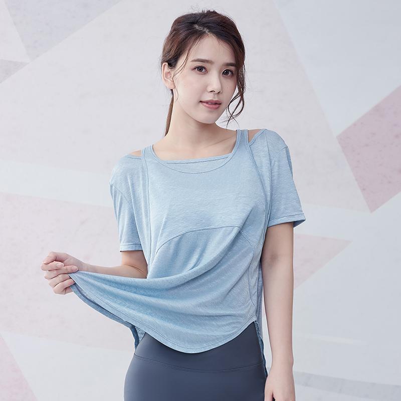 瑜伽服上衣寬鬆性感顯跑步健身衣短袖透氣速乾衣女休閒顯瘦運動服