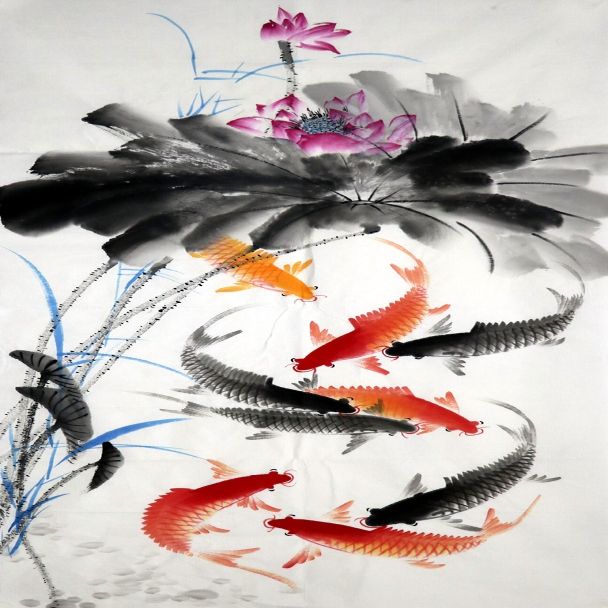 纯手绘四尺竖副客厅书房写意荷花鲤鱼九鱼图名人字画国画中国书画