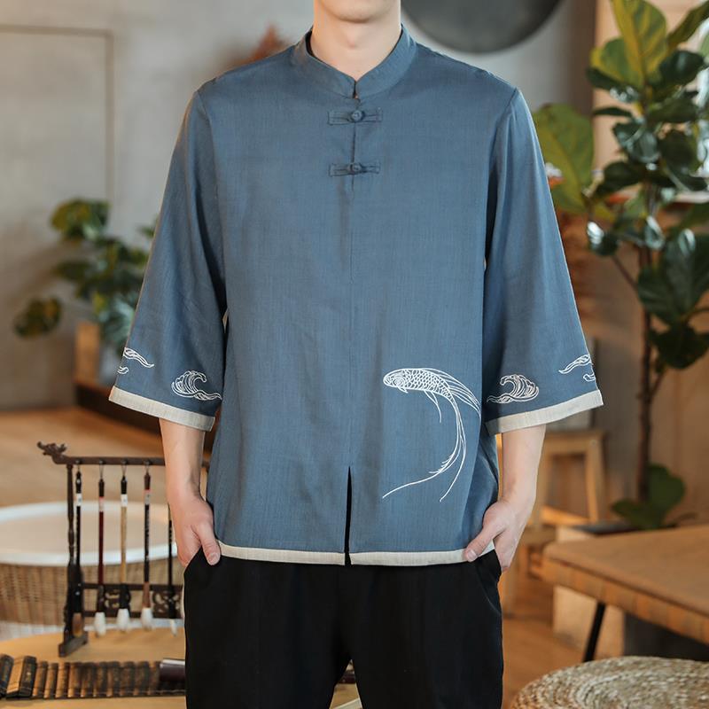 中國風男裝唐裝七分袖t恤男夏季薄款中式刺繡亞麻短袖大碼上衣服