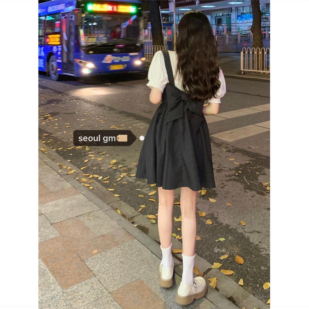 Summer Night Elf~Korean sweet and cute puff sleeve shirt + back bow suspender dress for women
