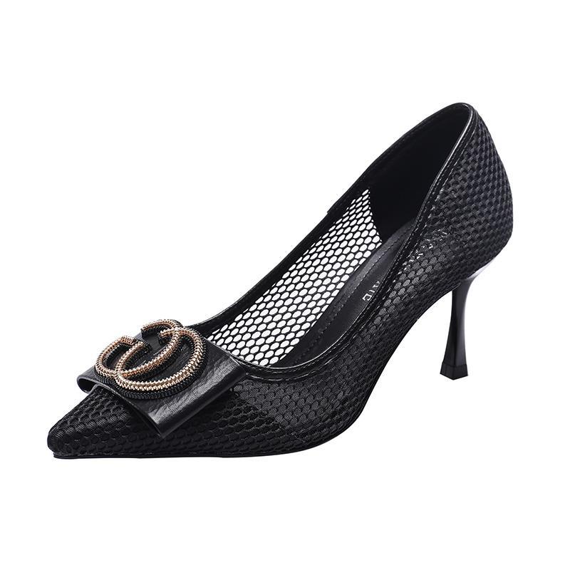Mesh breathable lace sexy pointed shoes women's summer  new all-match fairy style high heels women's fine heels