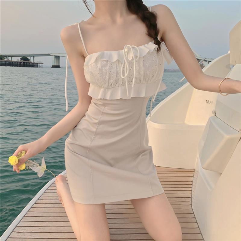 French style light cooked ruffled dress spring and summer new waistline slim package hip A-line suspender skirt women's clothing