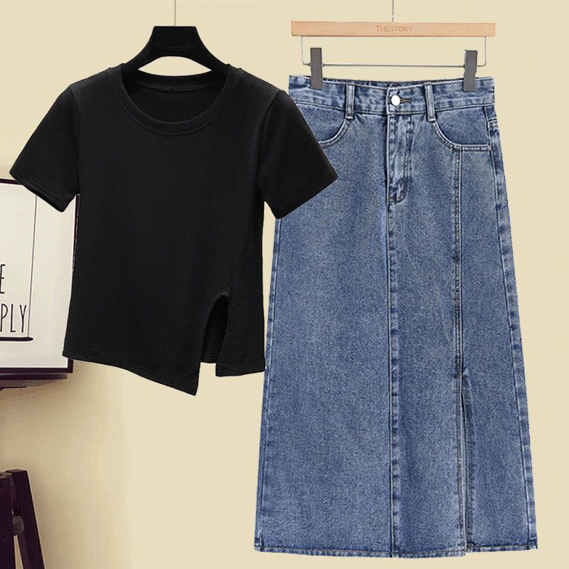 Plus size women's 200 pounds fat sister summer suit women's slim T-shirt high waist slit denim skirt two-piece set