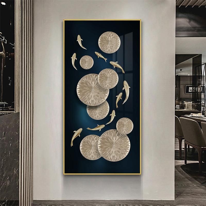新中式玄关装饰画九鱼图竖版晶瓷画走廊尽头壁画轻奢挂画墙画定制