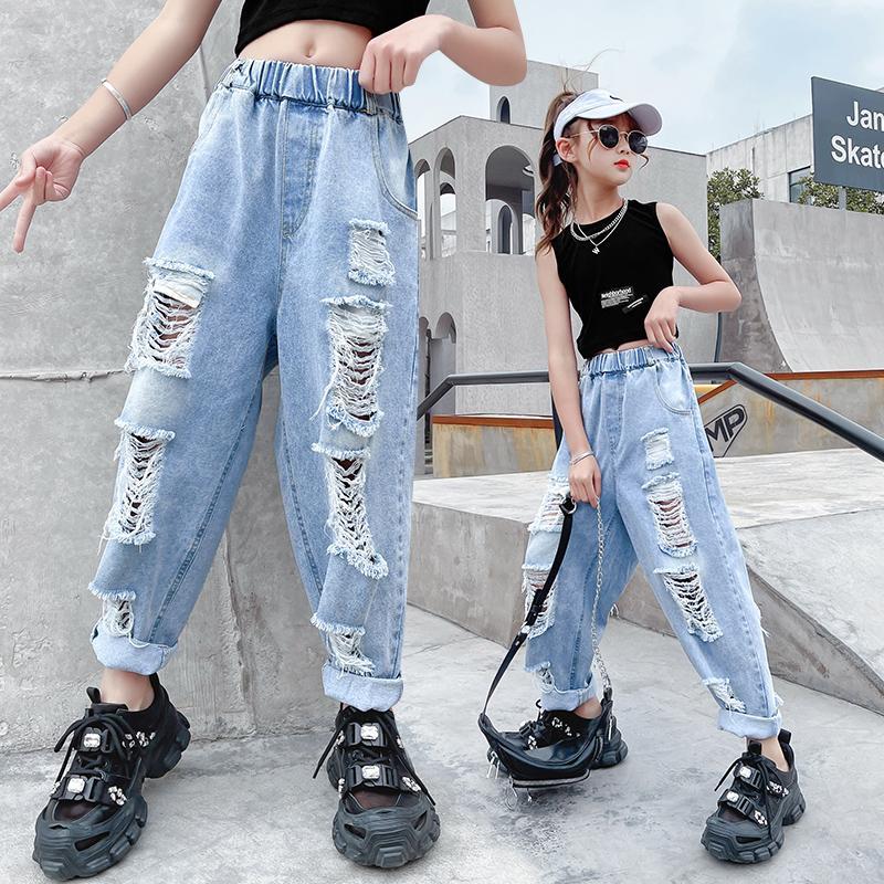 女童牛仔褲哈倫褲寬鬆2023新款洋氣潮流網紅兒童破洞褲中大童長褲