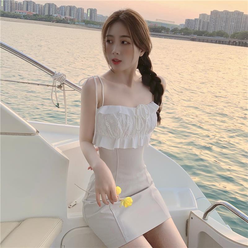 French style light cooked ruffled dress spring and summer new waistline slim package hip A-line suspender skirt women's clothing