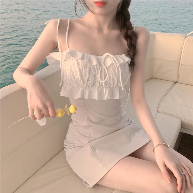 French style light cooked ruffled dress spring and summer new waistline slim package hip A-line suspender skirt women's clothing