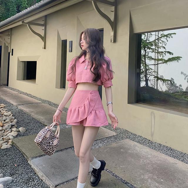 单件套装妹标配~韩系甜美桃粉色泡泡袖短上衣+荷叶边蓬蓬显瘦短裙