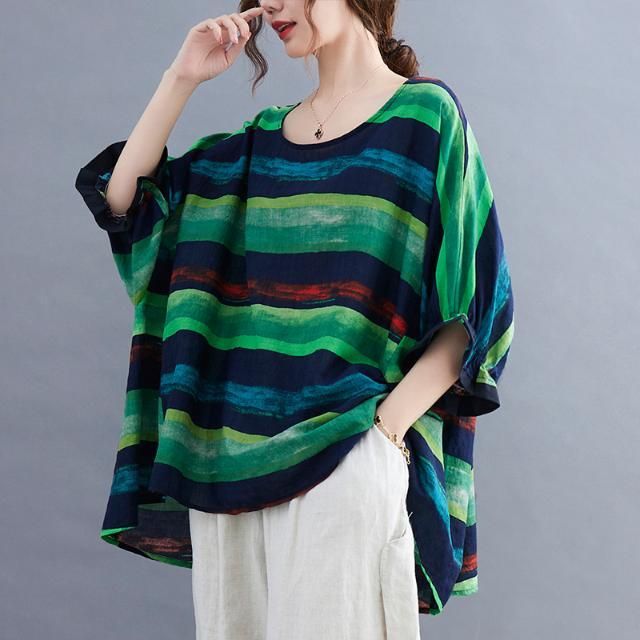 250 catties large size women's clothing summer hit color striped printed bat shirt jacket female summer clothing mother wear sun protection clothing T-shirt female