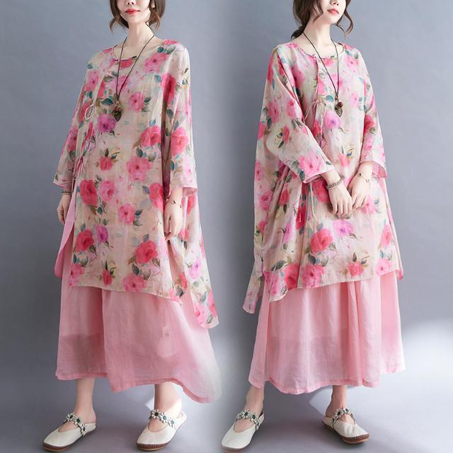 大碼女裝連衣裙夏裝女襯衫上衣女裙子新款2023年復古盤扣苧麻寬鬆