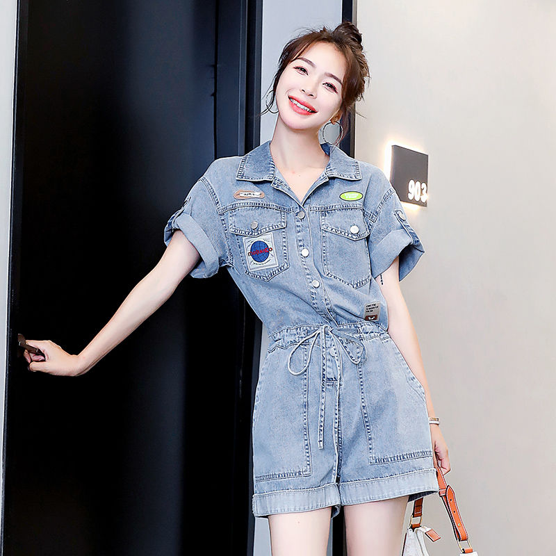 Internet celebrity small fashion summer new denim jumpsuit shorts trendy 2021 female foreign style age-reducing tooling suit