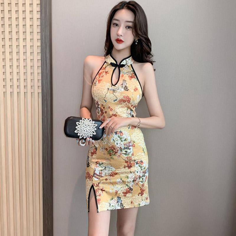 夜场上班衣服挂脖性感露背开叉印花改良旗袍连衣裙包臀短裙夏装女