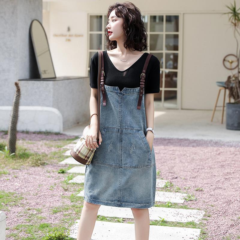 Plus size suspender skirt 2023 new summer women's thin section denim dress small foreign style reducing age and showing thinness to cover belly