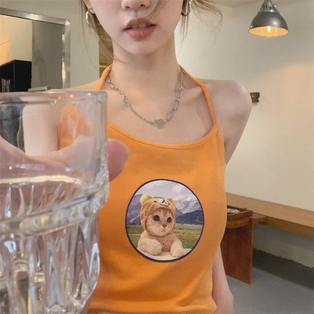 Halter neck printed vest suspender women's summer outer wear 2023 Korean version new French slim fit versatile tube top