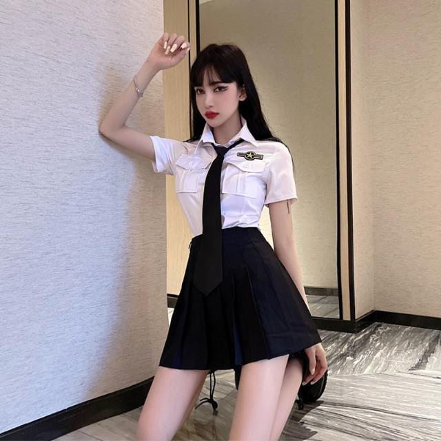 空姐jk制服工作服网红套装女日系白色职业装领带衬衣百褶裙工装服