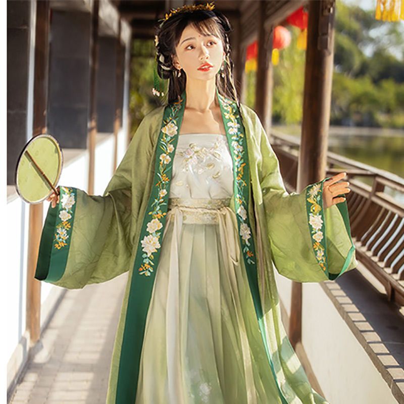 宋制汉服女学生古装仙气古风绿色褙子齐腰裙子古装衣服女全套改良