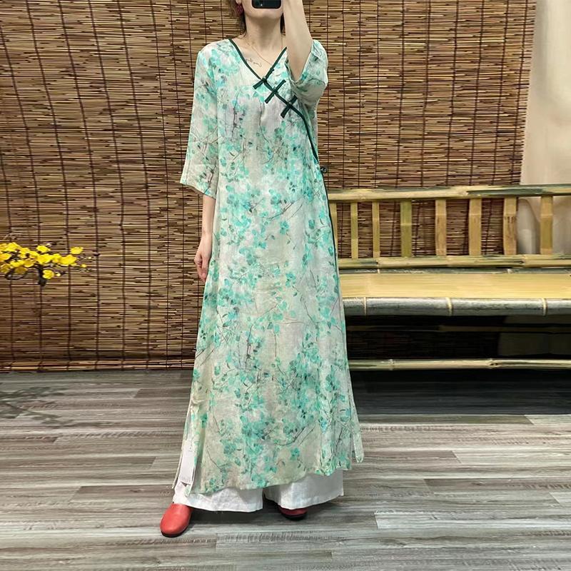 大碼女裝文藝上衣女夏復古民族風長裙子新款2021年連衣裙夏裝茶服
