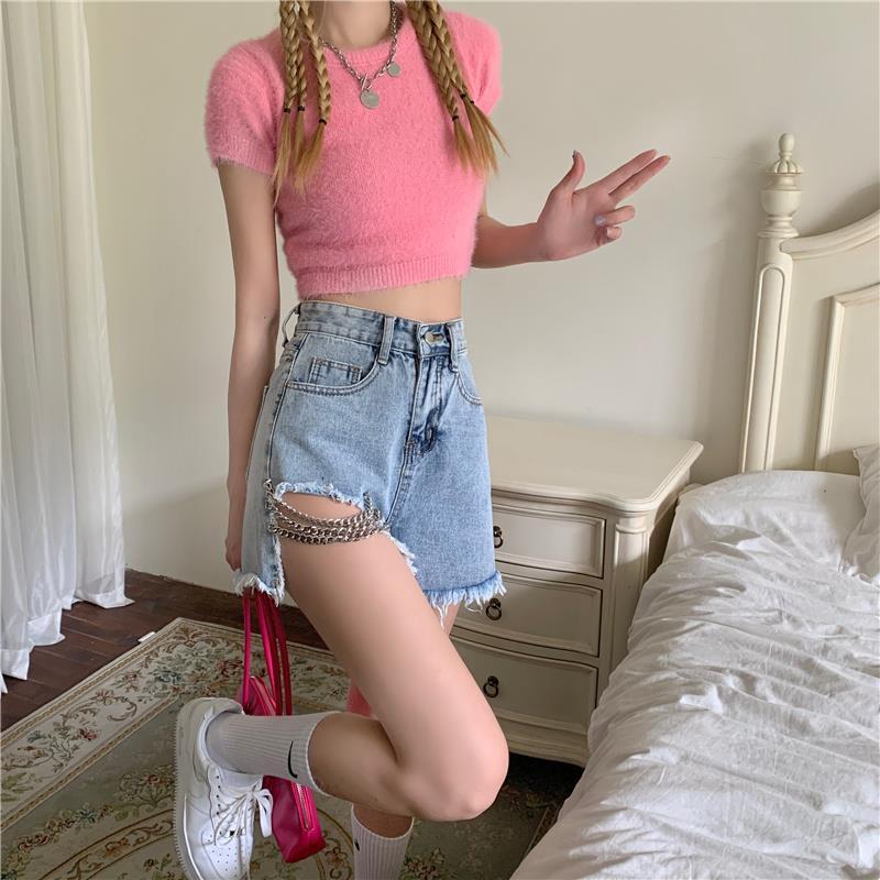 Chain denim shorts women's summer hot girls waist exposed hollow heart machine hot pants raw edge high waist a-line wide-leg pants for outerwear