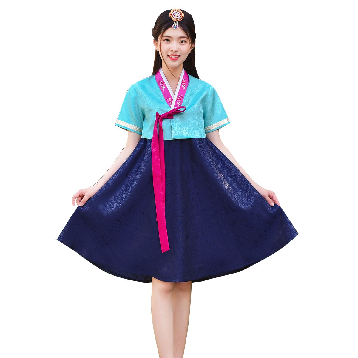 新款韩国服装刺绣花短袖短裙朝鲜服族舞蹈演出服韩服民族女送发簪【3