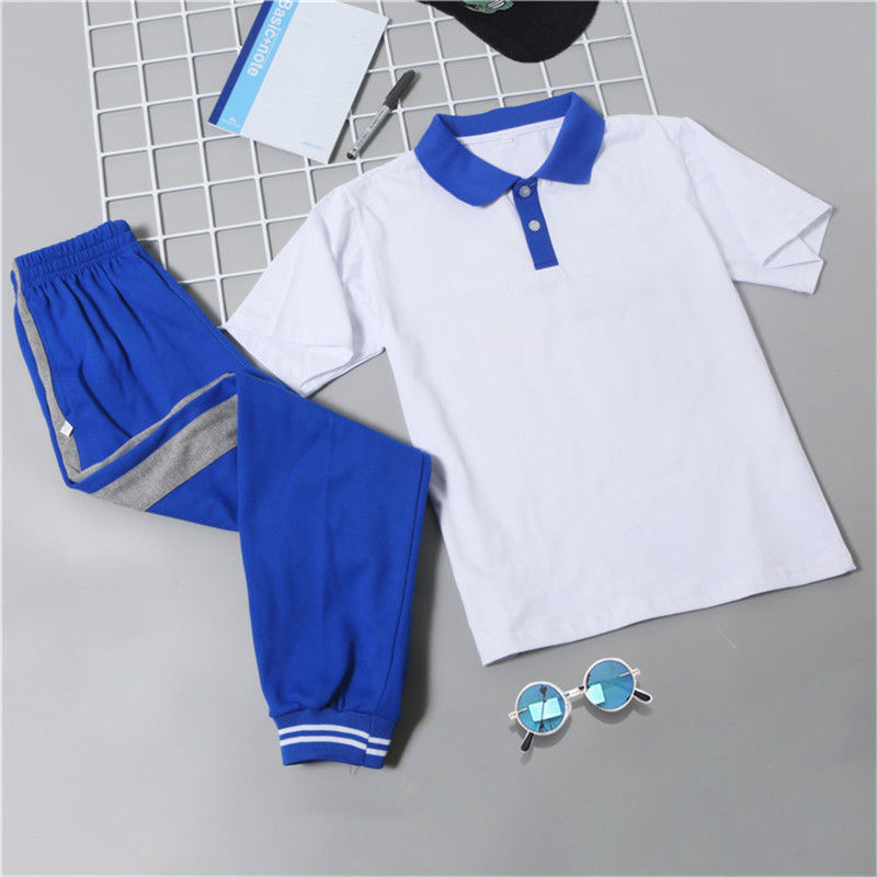 中大小学生校服短袖上衣夏季蓝白校裤套装毕业学校班服团队服运动