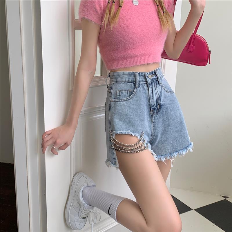 Chain denim shorts women's summer hot girls waist exposed hollow heart machine hot pants raw edge high waist a-line wide-leg pants for outerwear