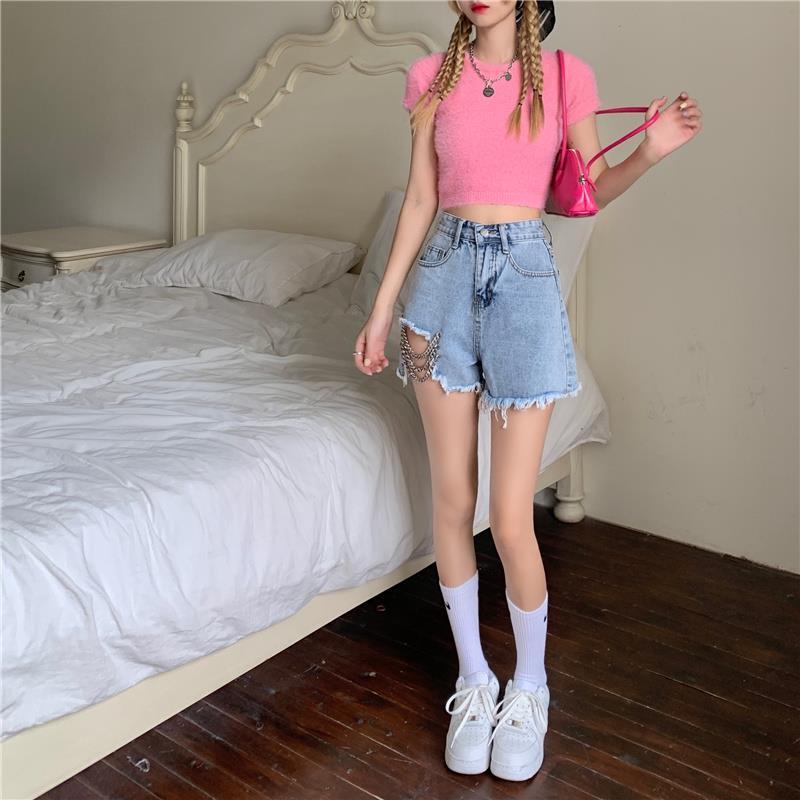 Chain denim shorts women's summer hot girls waist exposed hollow heart machine hot pants raw edge high waist a-line wide-leg pants for outerwear