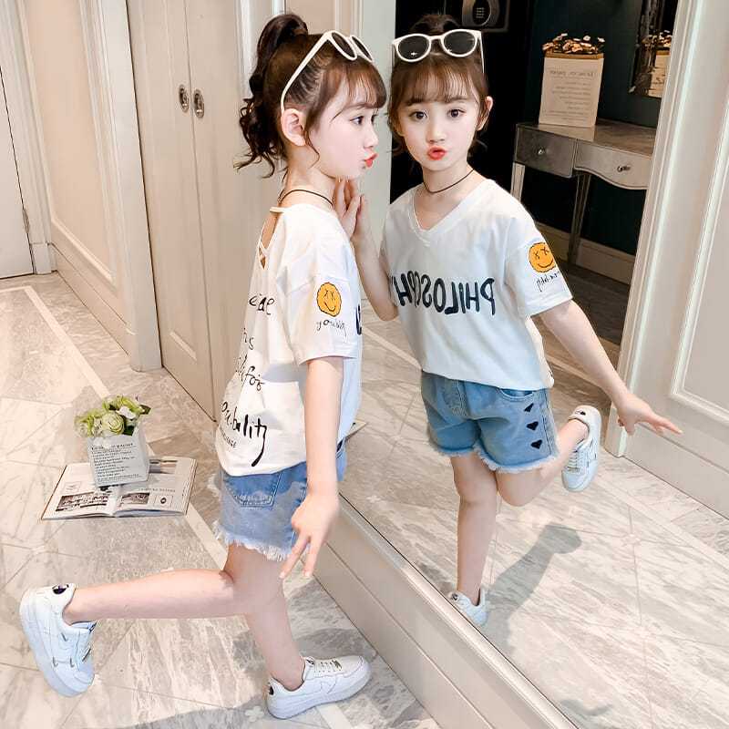 Girls' short sleeve T-shirt  new children's foreign style net red summer dress top big children's Dress Girls' summer half sleeve fashion t