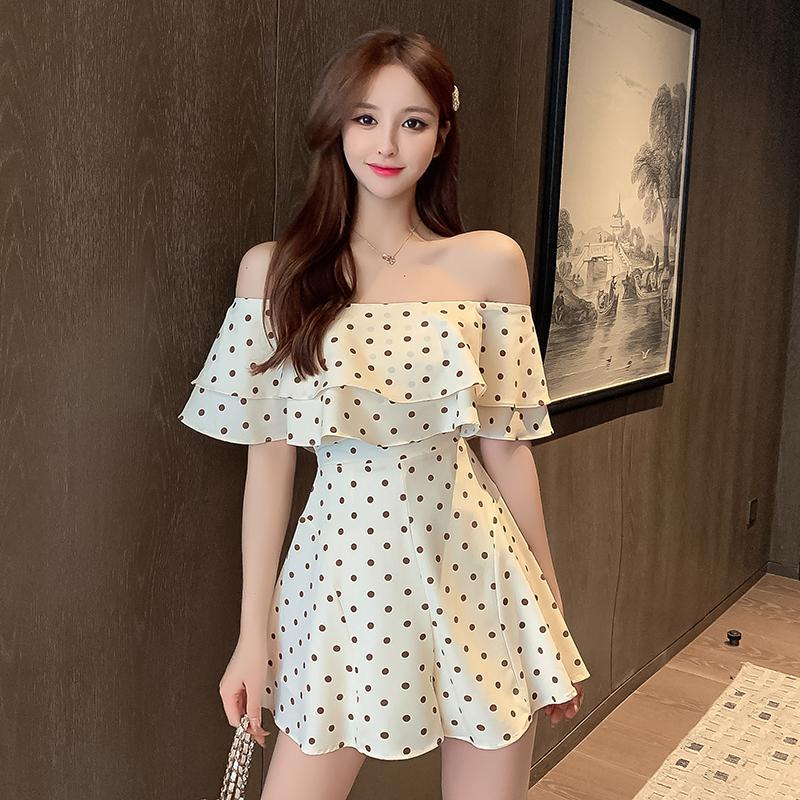 One-piece collar off-the-shoulder polka-dot ruffles chiffon one-piece shorts skirt women's summer new temperament waist wide-leg jumpsuit