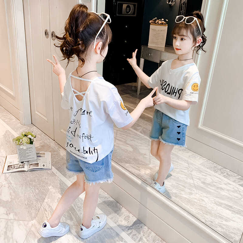 Girls' short sleeve T-shirt  new children's foreign style net red summer dress top big children's Dress Girls' summer half sleeve fashion t