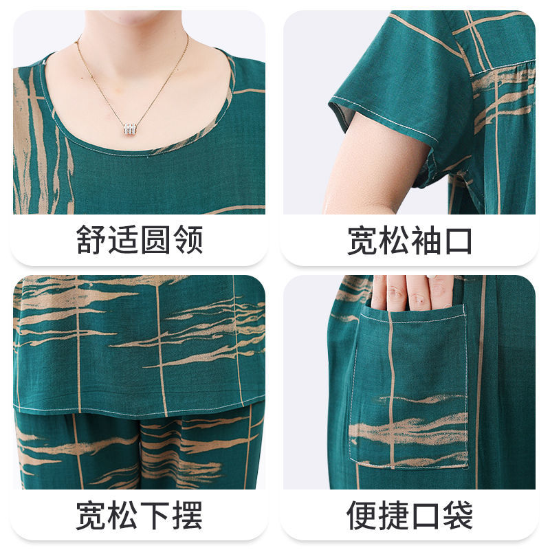 Cotton silk pajamas women's summer short-sleeved thin section middle-aged mother's home clothes for the elderly bamboo cotton casual loose suit