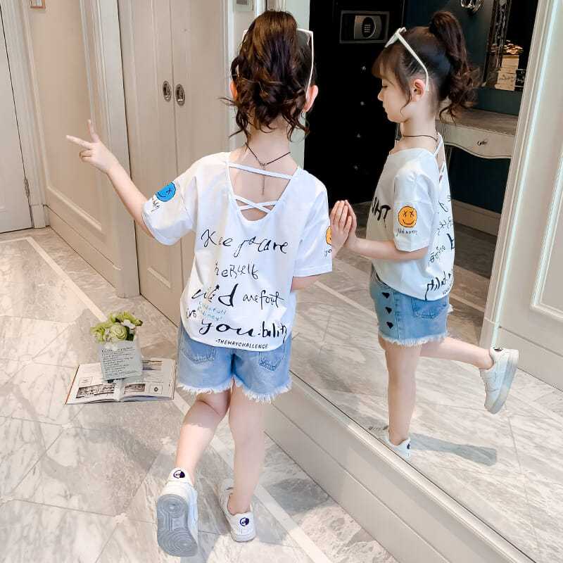 Girls' short sleeve T-shirt  new children's foreign style net red summer dress top big children's Dress Girls' summer half sleeve fashion t