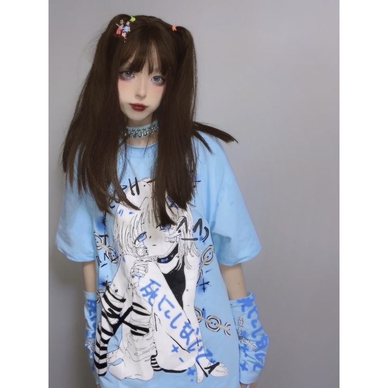 Don't die in summer × printing hand sleeve Harajuku punk chain y2k two-dimensional short-sleeved t-shirt female top