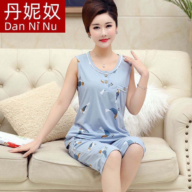 Pajamas women's summer thin section middle-aged and elderly mothers sleeveless vest cropped pants pure cotton home service two-piece suit large size