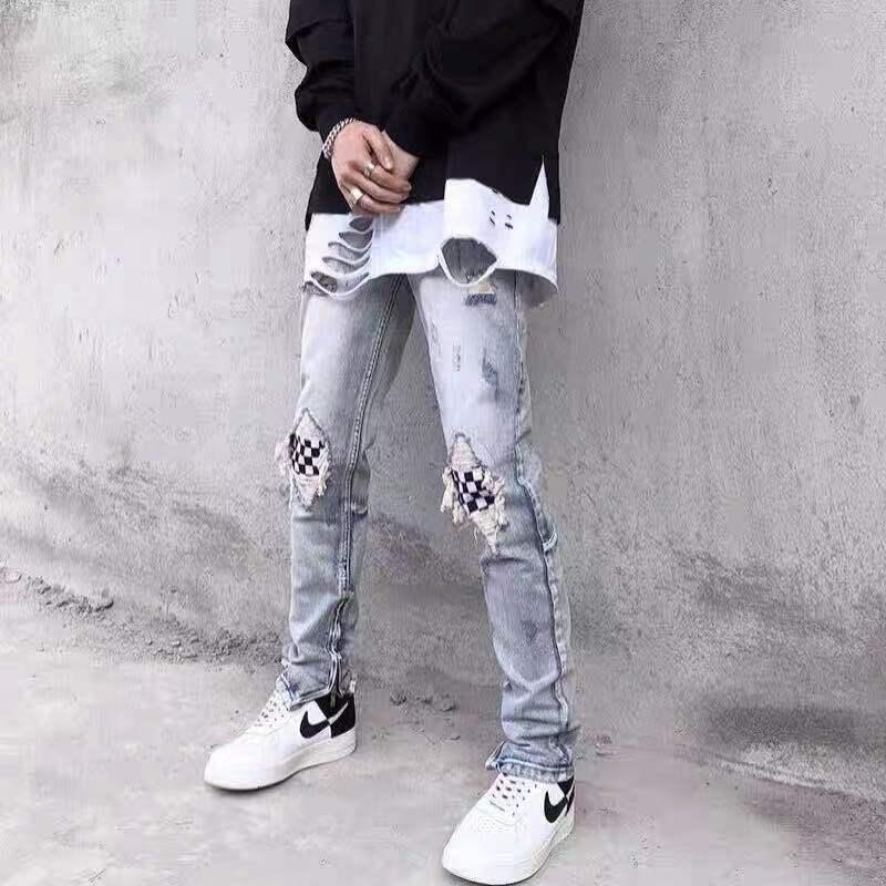 High street style washed ripped jeans patch plaid trousers slim fit small feet trendy brand slimming stretch beggars trousers