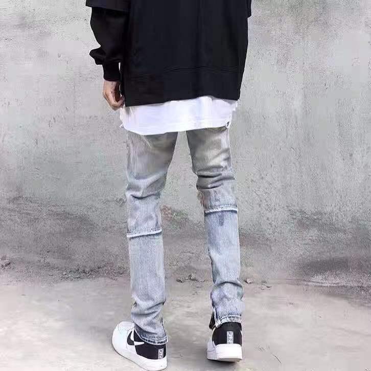 High street style washed ripped jeans patch plaid trousers slim fit small feet trendy brand slimming stretch beggars trousers