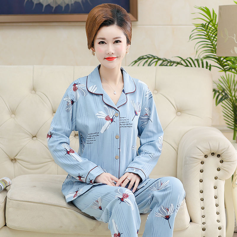 Middle-aged and elderly pajamas women's autumn pure cotton long-sleeved cardigan suit loose spring and autumn women's cotton mother home service